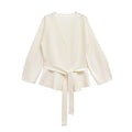 Women's Knit Blazer with Shoulder Pads and Belted Waist - White