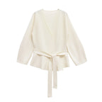 Women's Knit Blazer with Shoulder Pads and Belted Waist - White