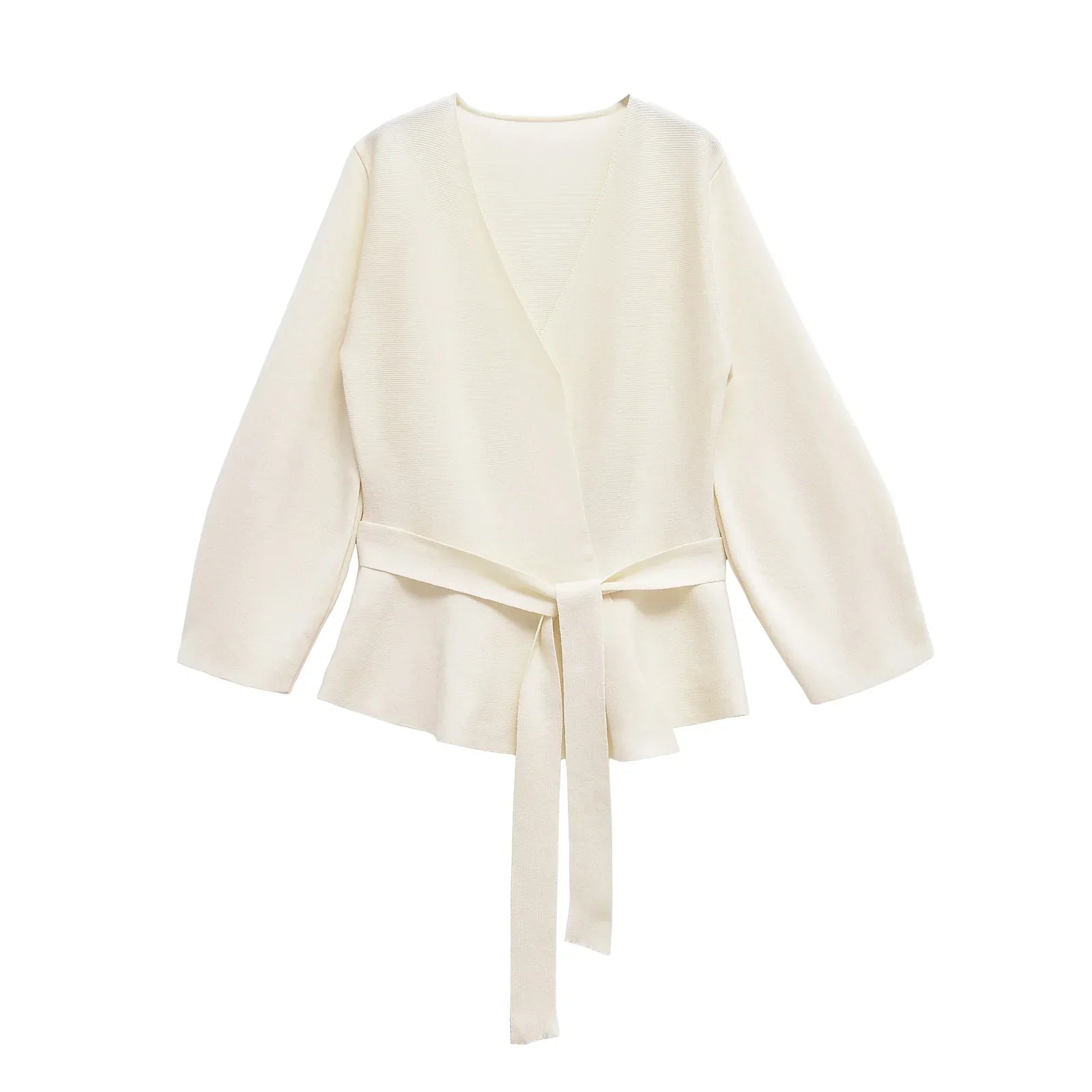 Women's Knit Blazer with Shoulder Pads and Belted Waist - White