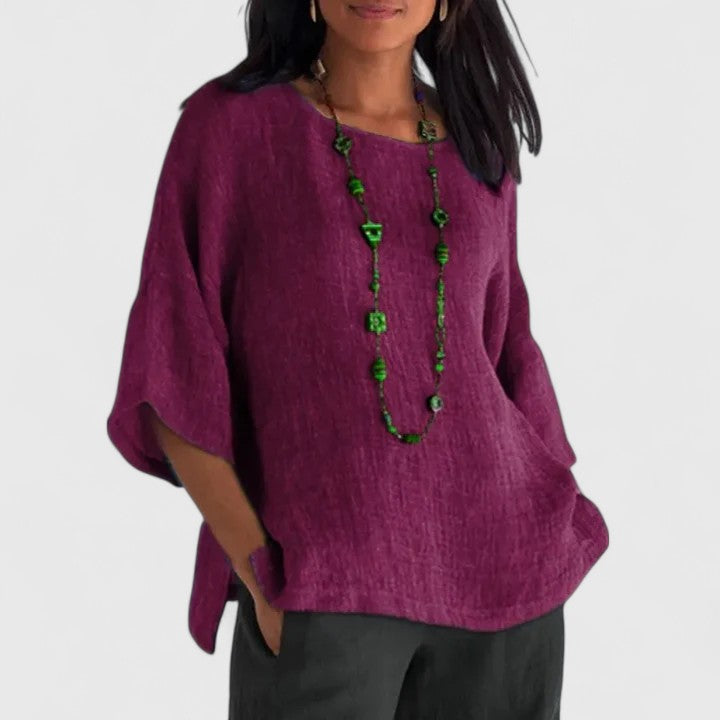 Women's Blouse Loose Fit with Round Neck and Three-Quarter Sleeves - Purple