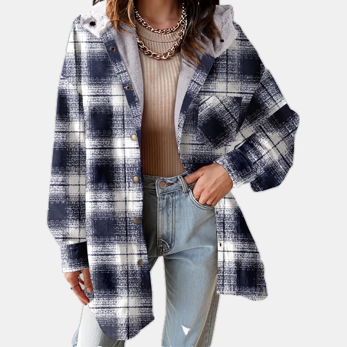 Women's Flannel Hooded Check Shacket Fleece Lined Coat - Sail Blue