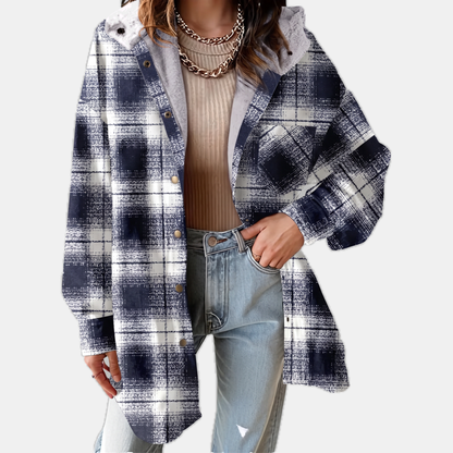Women's Flannel Hooded Check Shacket Fleece Lined Coat - Sail Blue