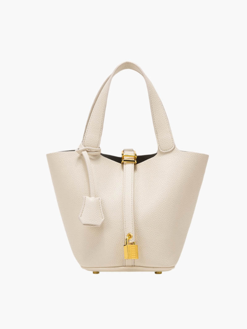 Structured Bucket Bag with Gold-Tone Lock Detail - Cream