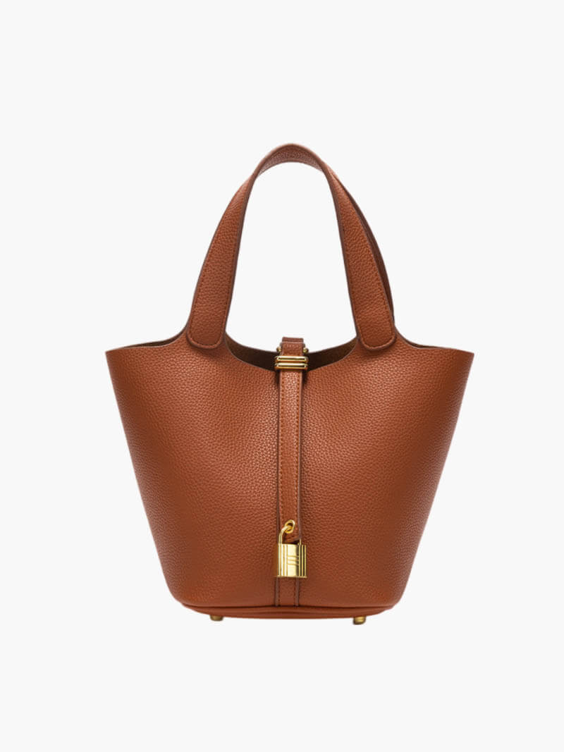 Structured Bucket Bag with Gold-Tone Lock Detail - Cognac