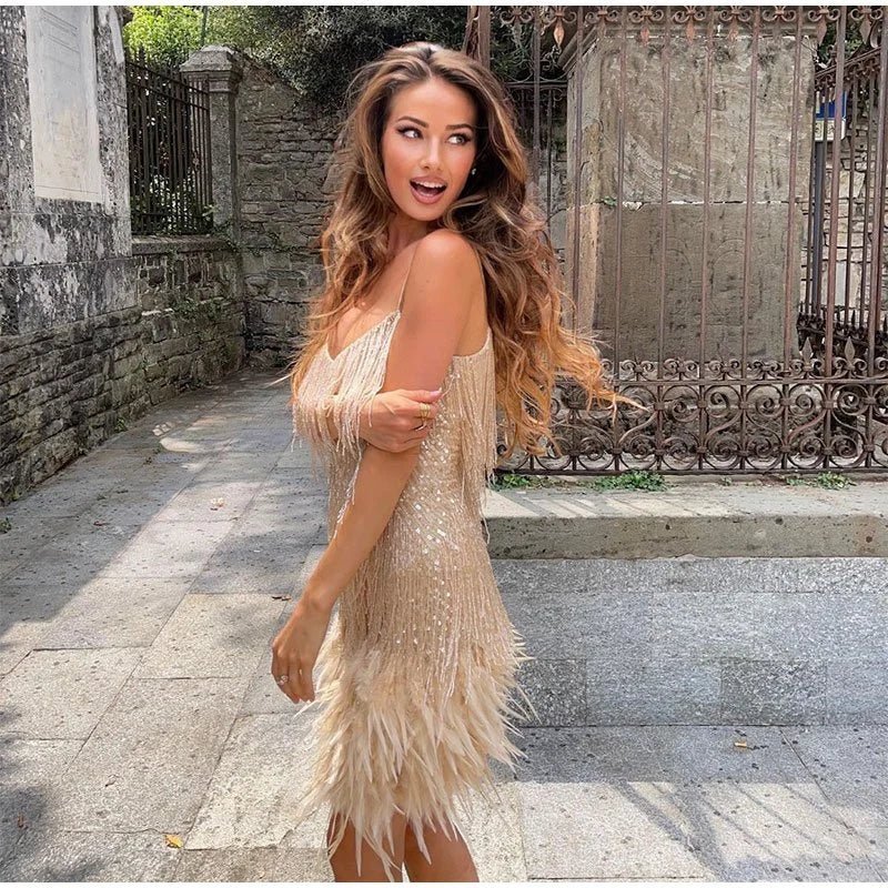 Women's Sequin Cocktail Dress with Fringe and Feather Trim - Gold