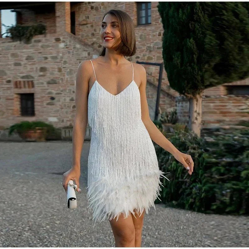 Women's Sequin Cocktail Dress with Fringe and Feather Trim - 3