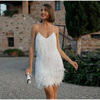 Women's Sequin Cocktail Dress with Fringe and Feather Trim - 3