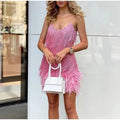 Women's Sequin Cocktail Dress with Fringe and Feather Trim - Pink