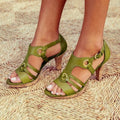Women's Heeled Sandals with Buckle Straps and Cut-Out Detail - Green