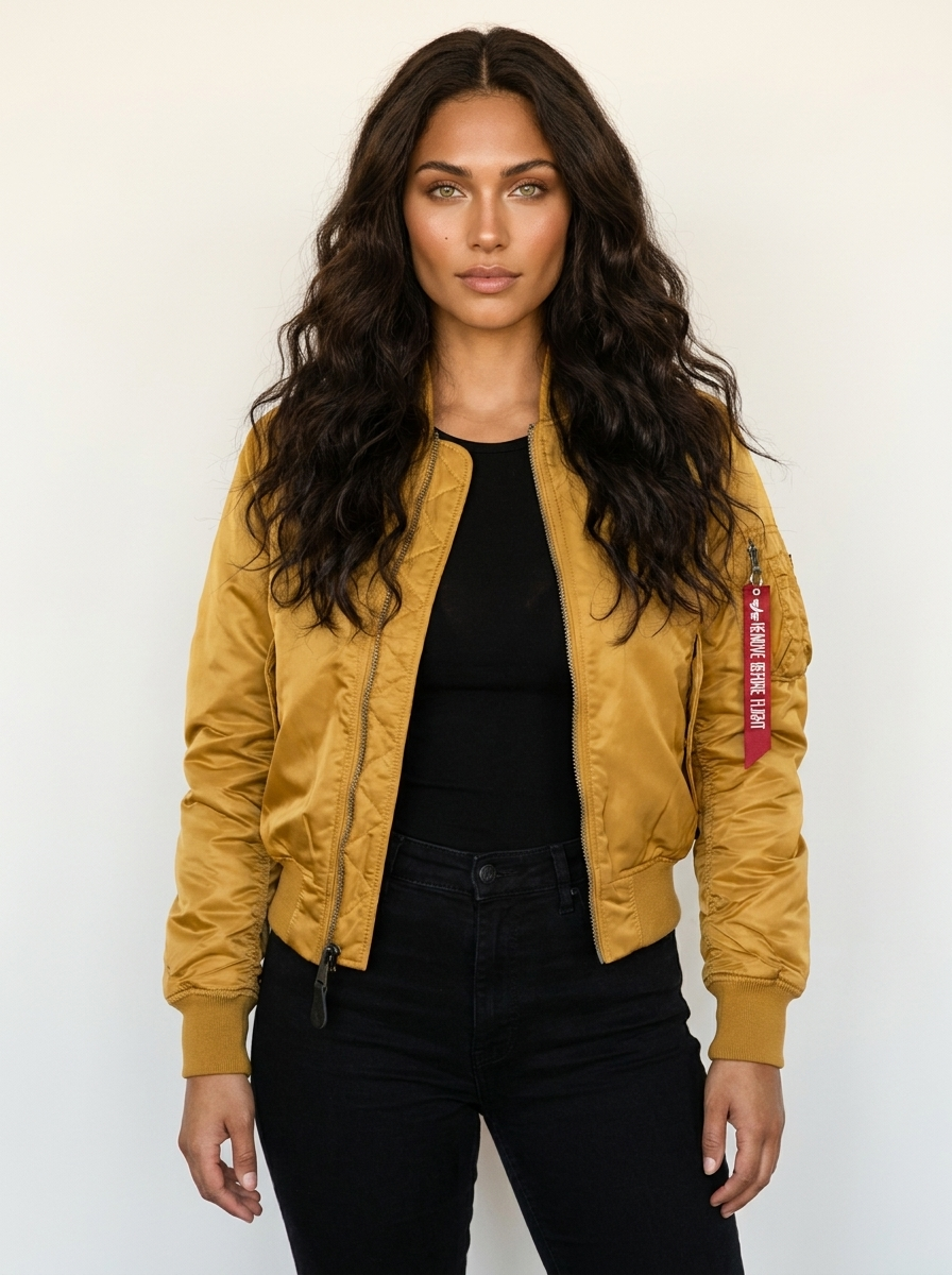 Women's Bomber Jacket with Ribbed Trims and Utility Pocket - Yellow