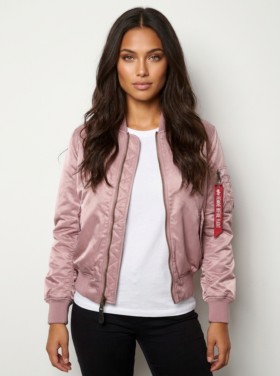 Women's Bomber Jacket with Ribbed Trims and Utility Pocket - Pink