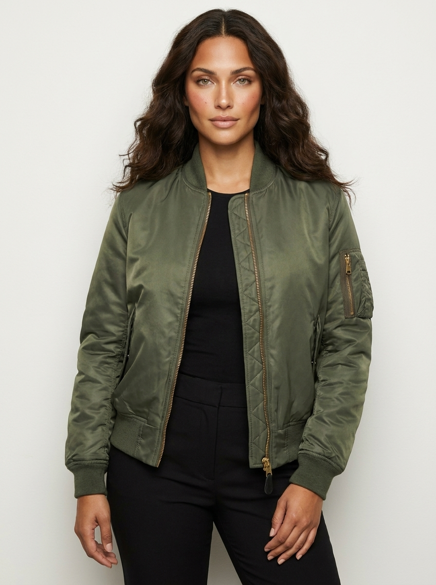 Women's Bomber Jacket with Ribbed Trims and Utility Pocket - Green