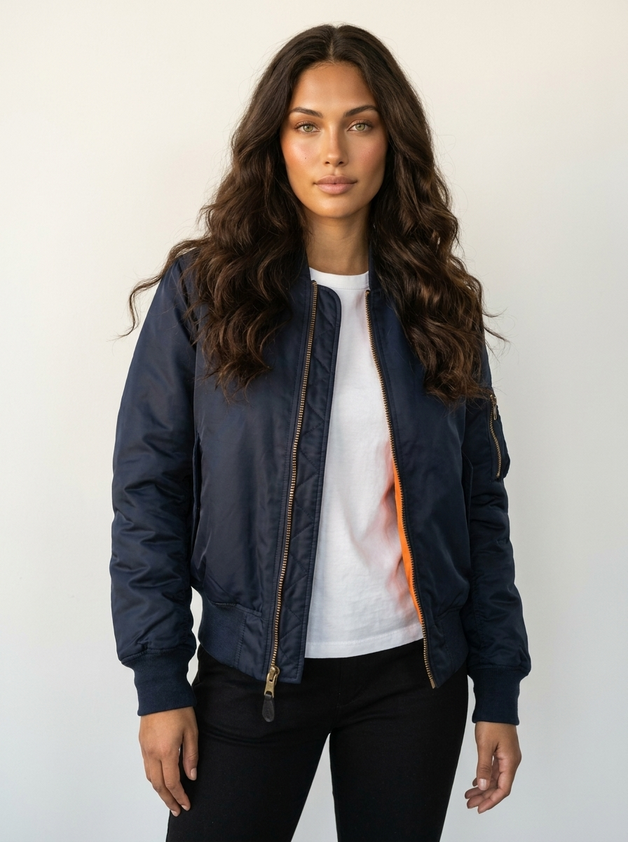 Women's Bomber Jacket with Ribbed Trims and Utility Pocket - Navy