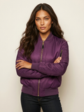 Women's Bomber Jacket with Ribbed Trims and Utility Pocket - Purple
