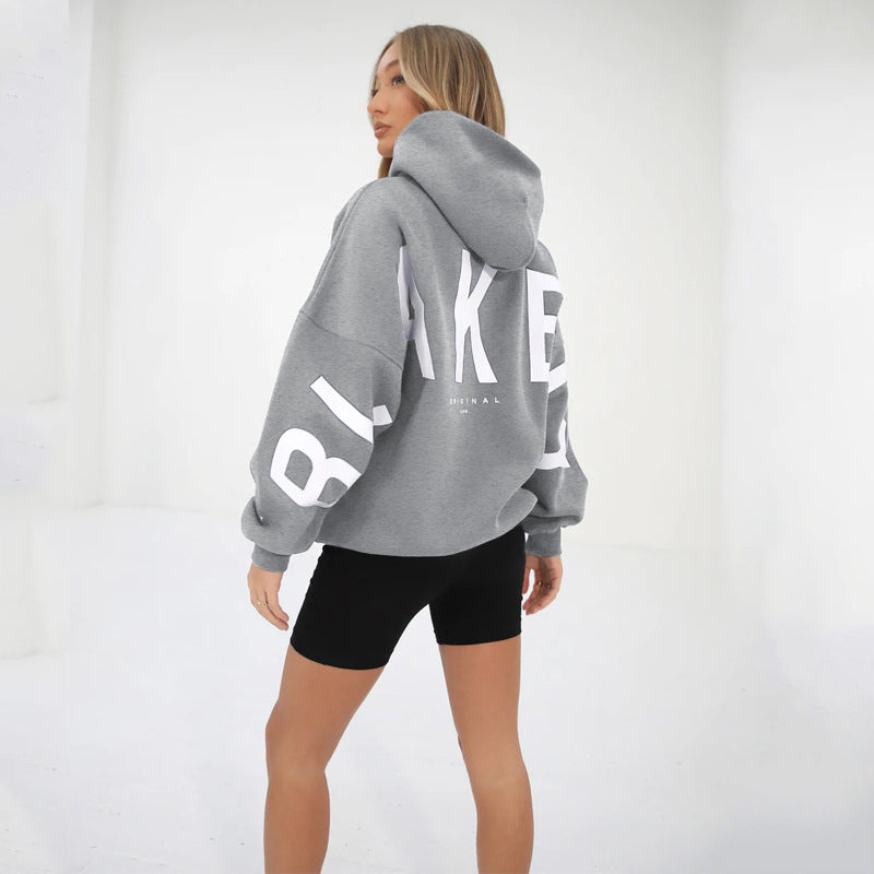 Women's Oversized Hoodie with Letter Print and Longline Fit - Grey