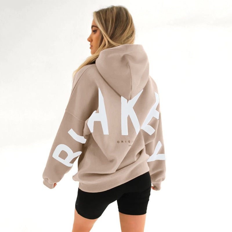 Women's Oversized Hoodie with Letter Print and Longline Fit - Khaki White