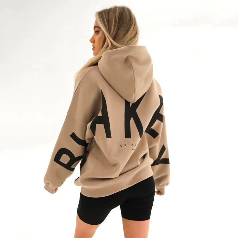 Women's Oversized Hoodie with Letter Print and Longline Fit - Khaki