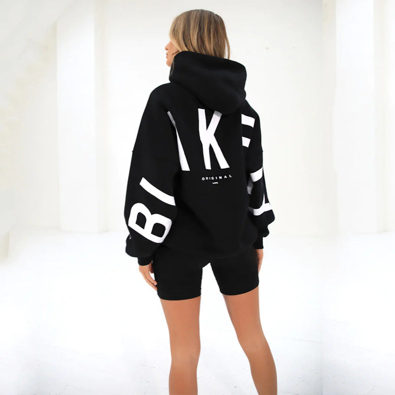 Women's Oversized Hoodie with Letter Print and Longline Fit - Black