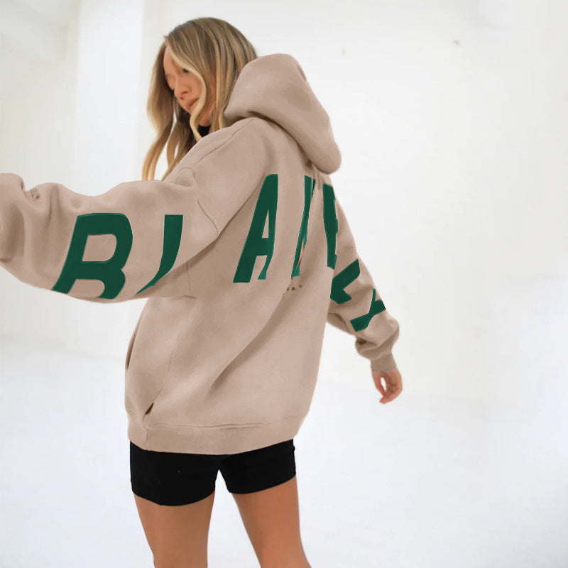 Women's Oversized Hoodie with Letter Print and Longline Fit - Khaki Green