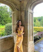 Women's Maxi Dress Ruched with Ruffle Front Slit and Sweetheart Neckline - 8