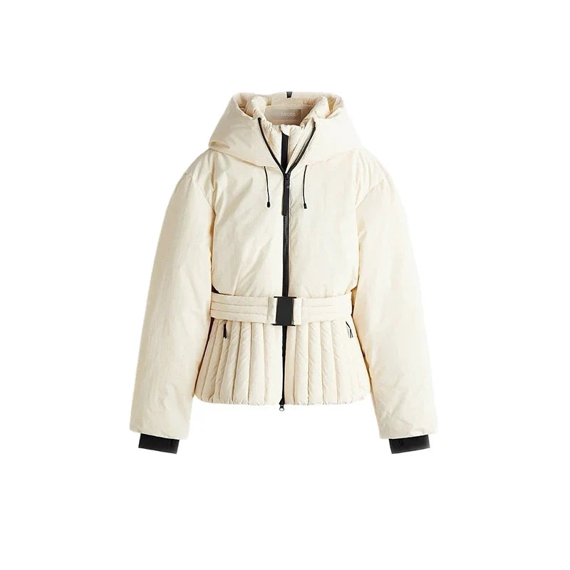 Women's Ski Jacket with Detachable Hood, Belted Fitted Waist - Beige