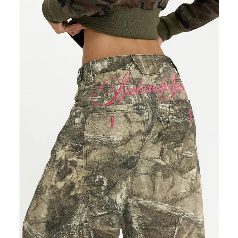 Women's Wide Leg Jeans with Camo Print and Embroidery - 9