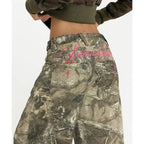 Women's Wide Leg Jeans with Camo Print and Embroidery - 9