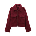 Women's Cropped Jacket with Lapel Collar and Zip Fastening - Wine Red