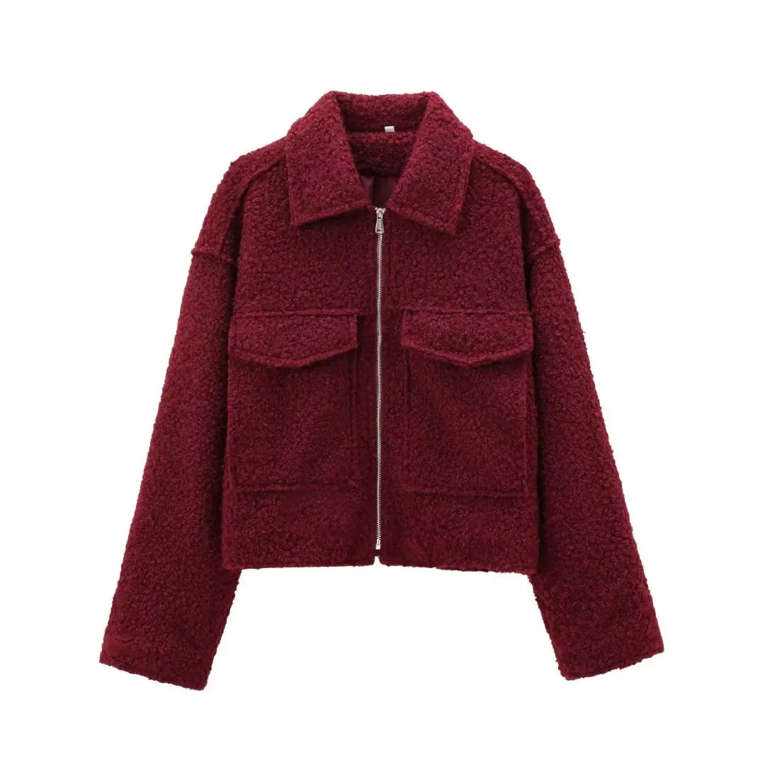 Women's Cropped Jacket with Lapel Collar and Zip Fastening - Wine Red