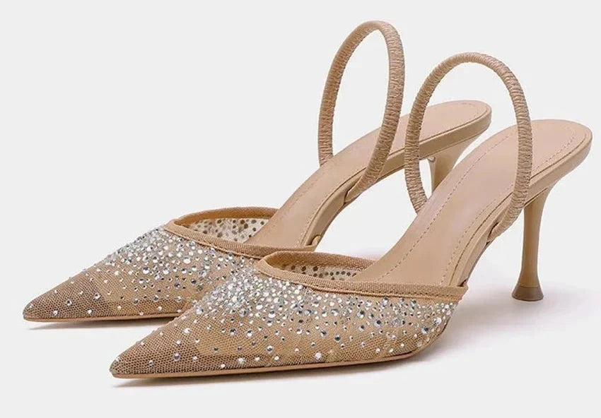 Women's Slingback Heels with Rhinestone Mesh Upper - 2