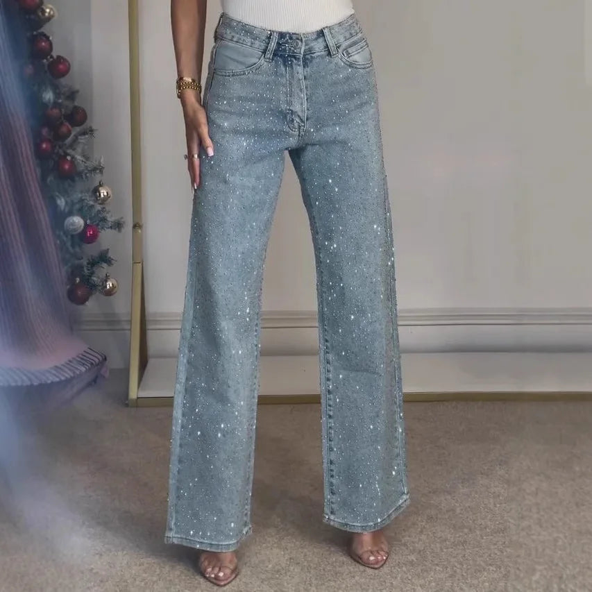 Women's High-Waist Straight-Leg Jeans with Diamante Detailing - 5