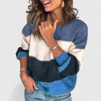 Women's Striped Jumper Long Sleeve with Round Neck - Blue