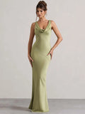 Women's Sleeveless Bodycon Maxi Dress with Cowl Neckline - Green