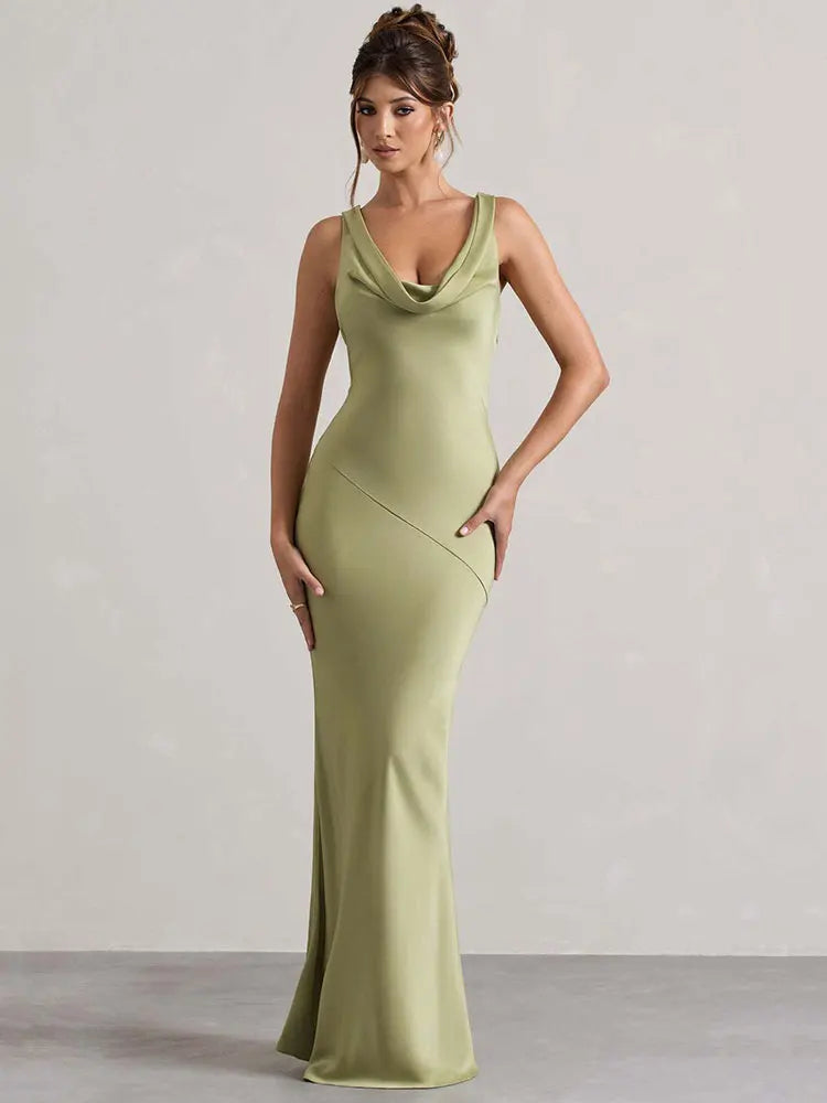 Women's Sleeveless Bodycon Maxi Dress with Cowl Neckline - Green