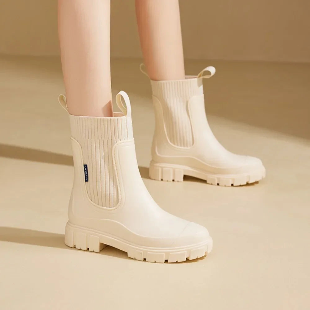 Women's Chelsea Rain Boots with Elastic Panels and Comfort Sole - 12