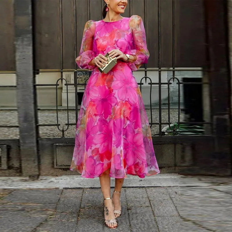 Women's Floral Midi Dress with Puff Sleeves and Round Neck - Pink
