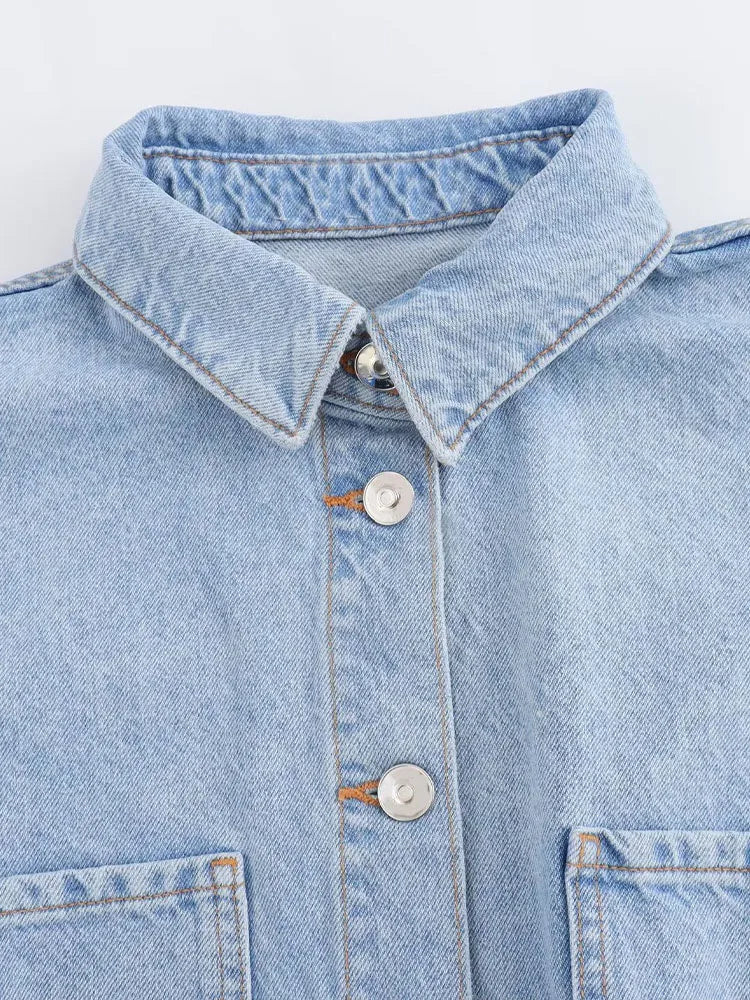Women's Denim Playsuit with Chest Pockets and Button Front - 8