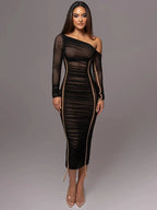 Women's Bodycon Midi Dress with One-Shoulder Ruched Design - Black