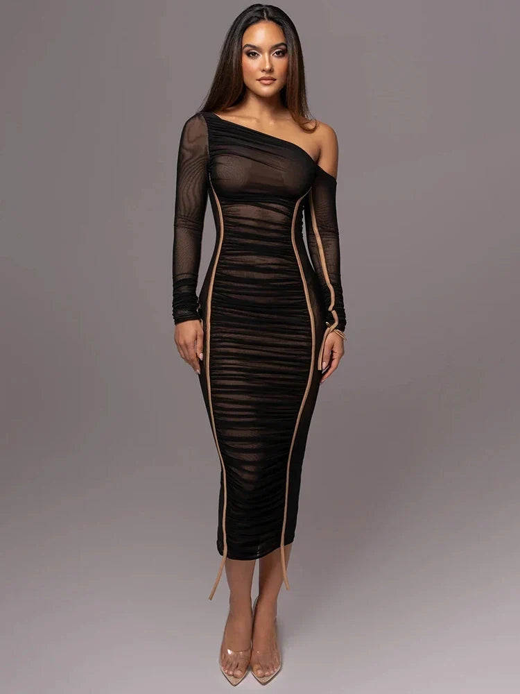 Women's Bodycon Midi Dress with One-Shoulder Ruched Design - Black