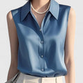 Women's Sleeveless Blouse with Collar and Button-Up Front - Blue