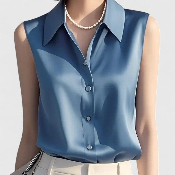Women's Sleeveless Blouse with Collar and Button-Up Front - Blue