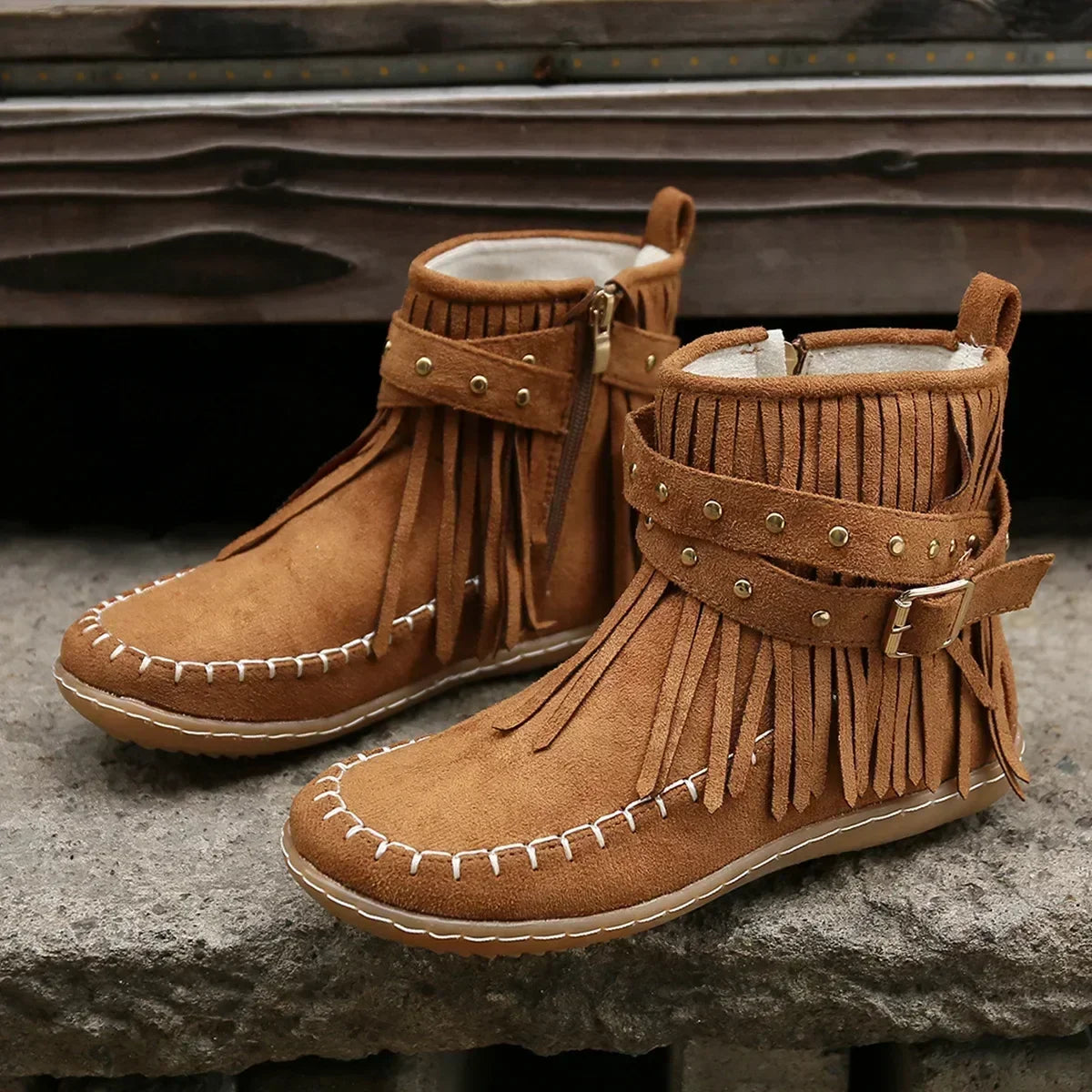 Women's Ankle Boots with Fringe and Studs, Western Boho Style - 2