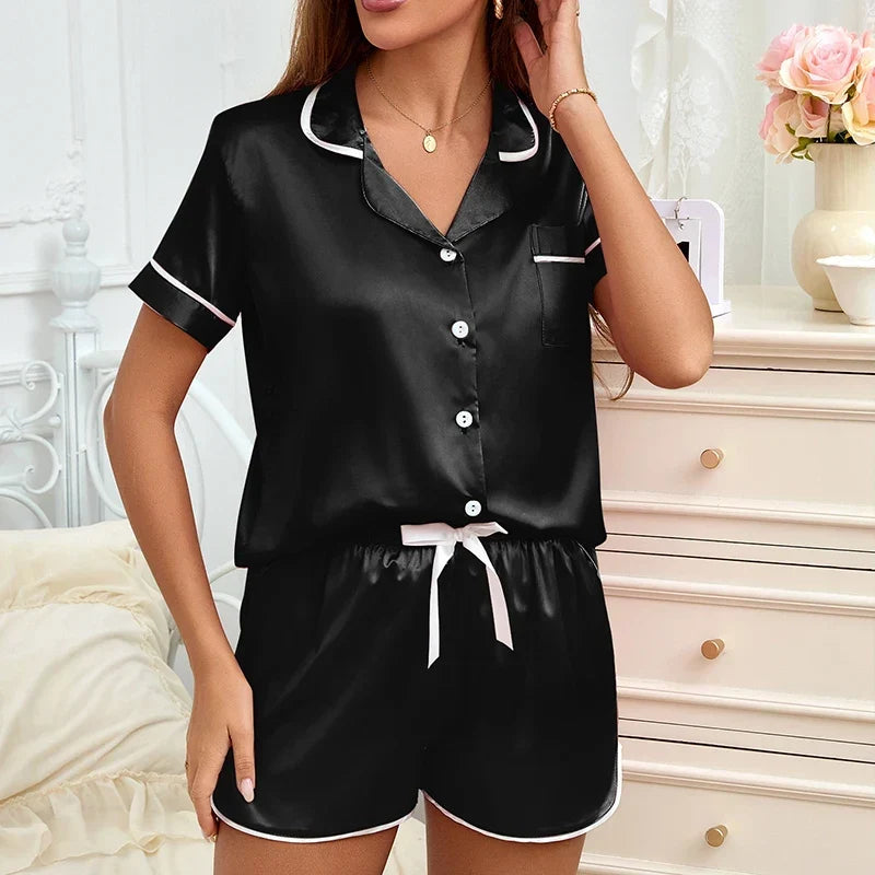 Satin Lounge Set with Contrast Piping Short Sleeve Top and Shorts - 6