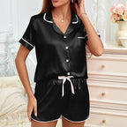 Satin Lounge Set with Contrast Piping Short Sleeve Top and Shorts - 6