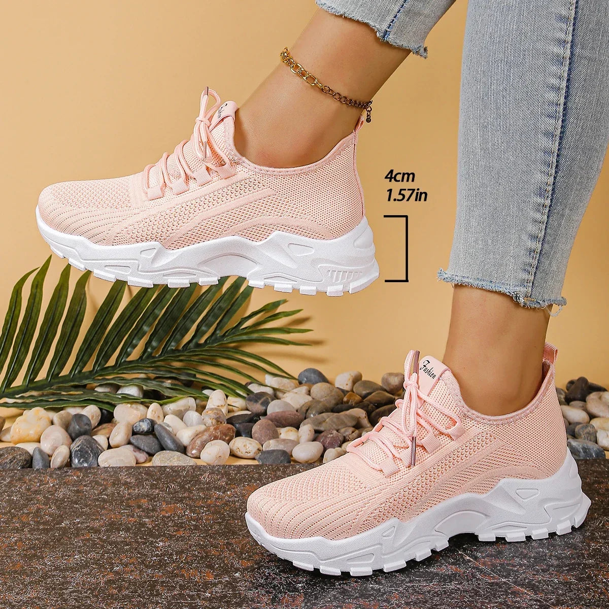 Women's Sneakers with Mesh Upper and Chunky Sole - Pink