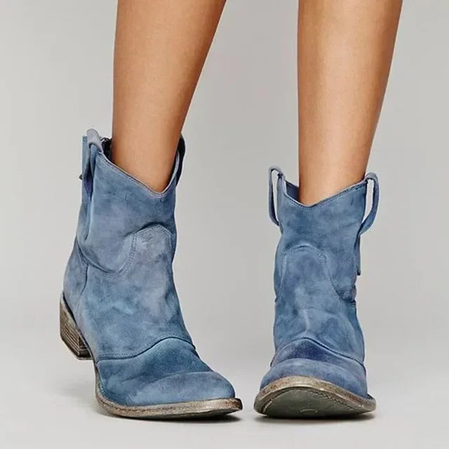 Women's Western Ankle Boots with Stitched Detailing - Blue