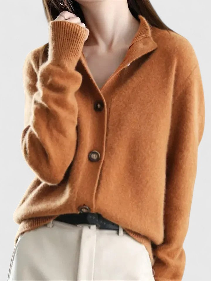 Women's Cardigan Button-Up with Stand Collar - Caramel