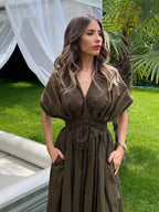 Women's Midi Dress with V-Neck and Tie Waist - 4