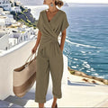 Women's Wrap V-Neck Jumpsuit with Twist Waist and Cropped Wide Legs - Khaki
