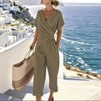 Women's Wrap V-Neck Jumpsuit with Twist Waist and Cropped Wide Legs - Khaki